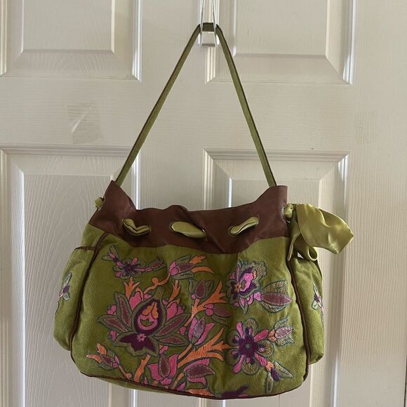 ipa-Nima Handbags - Ipa-Nima fabric green& Brown Floral embroidery medium shoulder bag bohemian look